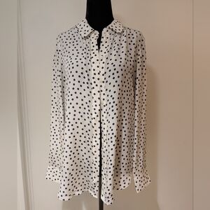 Boden Women's Button Up Shirt 100% Silk White Navy Blue Polka Dots Sheer Size 6